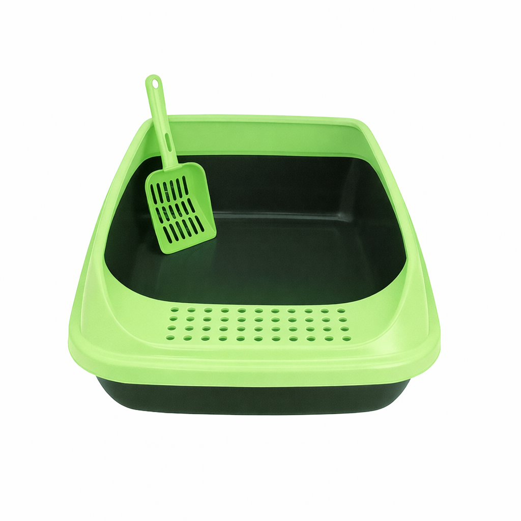 İkonix Açık Kedi Tuvaleti Büyük Boy – Kürekli, Sıçrama Önleyici Yüksek Kenarlı Kum Kabı (Yeşil)