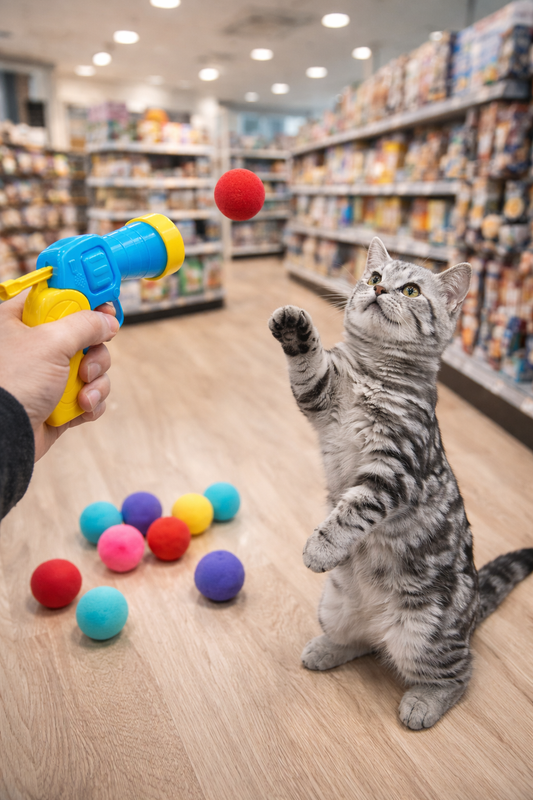 Kedi Top Fırlatma Oyuncağı – Otomatik Köpük Top Tabancası (11’li Set)