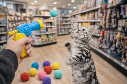 Kedi Top Fırlatma Oyuncağı – Otomatik Köpük Top Tabancası (11’li Set)