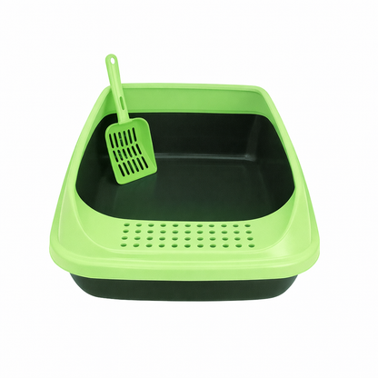 İkonix Açık Kedi Tuvaleti Büyük Boy – Kürekli, Sıçrama Önleyici Yüksek Kenarlı Kum Kabı (Yeşil)