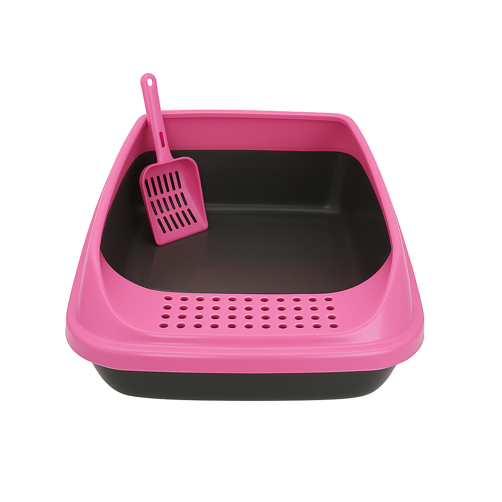 İkonix Açık Kedi Tuvaleti Büyük Boy – Kürekli, Sıçrama Önleyici Yüksek Kenarlı Kum Kabı (Pembe)