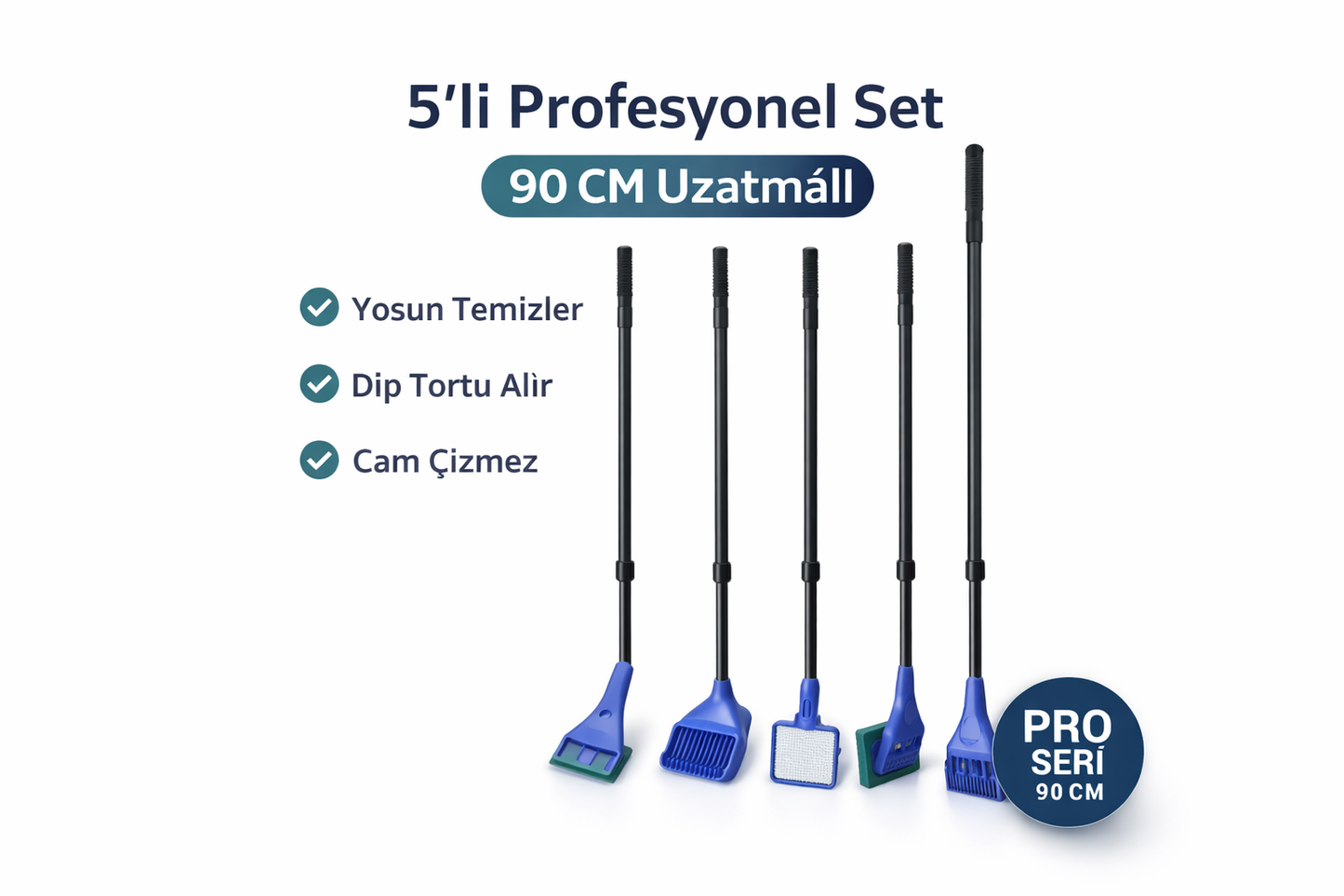Profesyonel 5’li Akvaryum Bakım Seti – 90 CM Uzatmalı Pro Seri Temizlik Sistemi