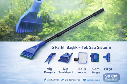 Profesyonel 5’li Akvaryum Bakım Seti – 90 CM Uzatmalı Pro Seri Temizlik Sistemi