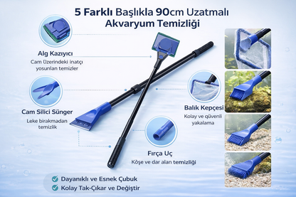 Profesyonel 5’li Akvaryum Bakım Seti – 90 CM Uzatmalı Pro Seri Temizlik Sistemi