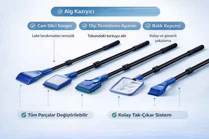Profesyonel 5’li Akvaryum Bakım Seti – 90 CM Uzatmalı Pro Seri Temizlik Sistemi