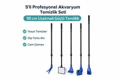 Profesyonel 5’li Akvaryum Bakım Seti – 90 CM Uzatmalı Pro Seri Temizlik Sistemi