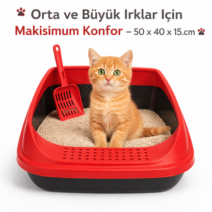 İkonix Açık Kedi Tuvaleti Büyük Boy – Kürekli, Sıçrama Önleyici Yüksek Kenarlı Kum Kabı (Kırmızı)