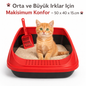 İkonix Açık Kedi Tuvaleti Büyük Boy – Kürekli, Sıçrama Önleyici Yüksek Kenarlı Kum Kabı (Kırmızı)