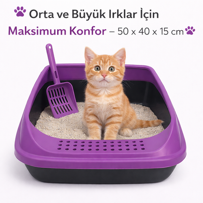Kedi Tuvaleti Açık Model – Kürekli Büyük Boy Kedi Kum Kabı | Sıçrama Önleyici Yüksek Kenarlı