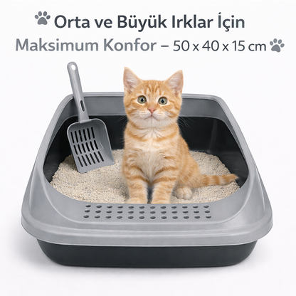 İkonix Açık Kedi Tuvaleti Büyük Boy – Kürekli, Sıçrama Önleyici Yüksek Kenarlı Kum Kabı (Gri)