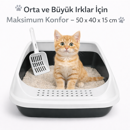 İkonix Açık Kedi Tuvaleti Büyük Boy – Kürekli, Sıçrama Önleyici Yüksek Kenarlı Kum Kabı (Beyaz)