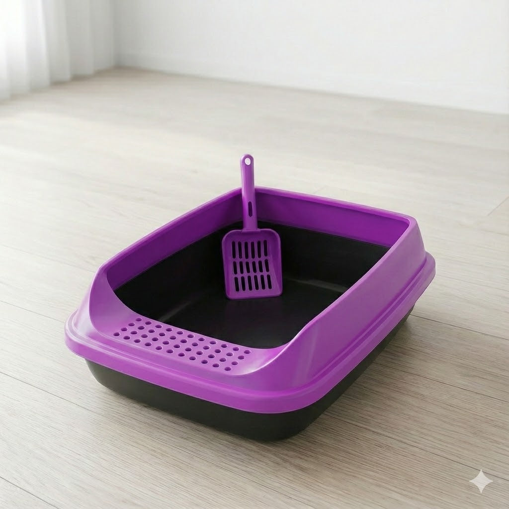 Kedi Tuvaleti Açık Model – Kürekli Büyük Boy Kedi Kum Kabı | Sıçrama Önleyici Yüksek Kenarlı